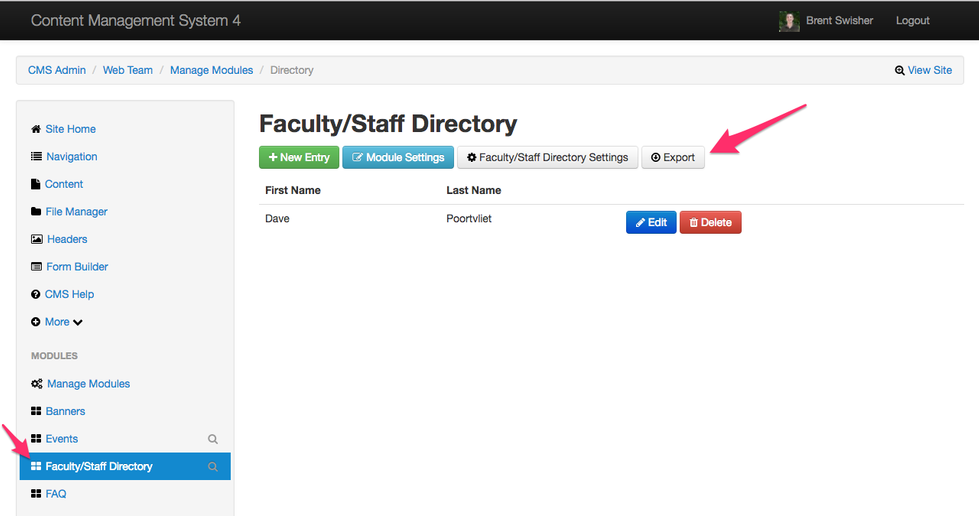 Screenshot showing the new directory export button for the faculty staff directory module
